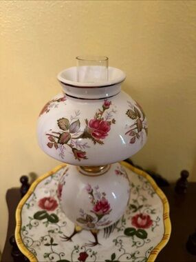 Floral Milk Glass Mini Oil Lamp with Pink Rose Motif